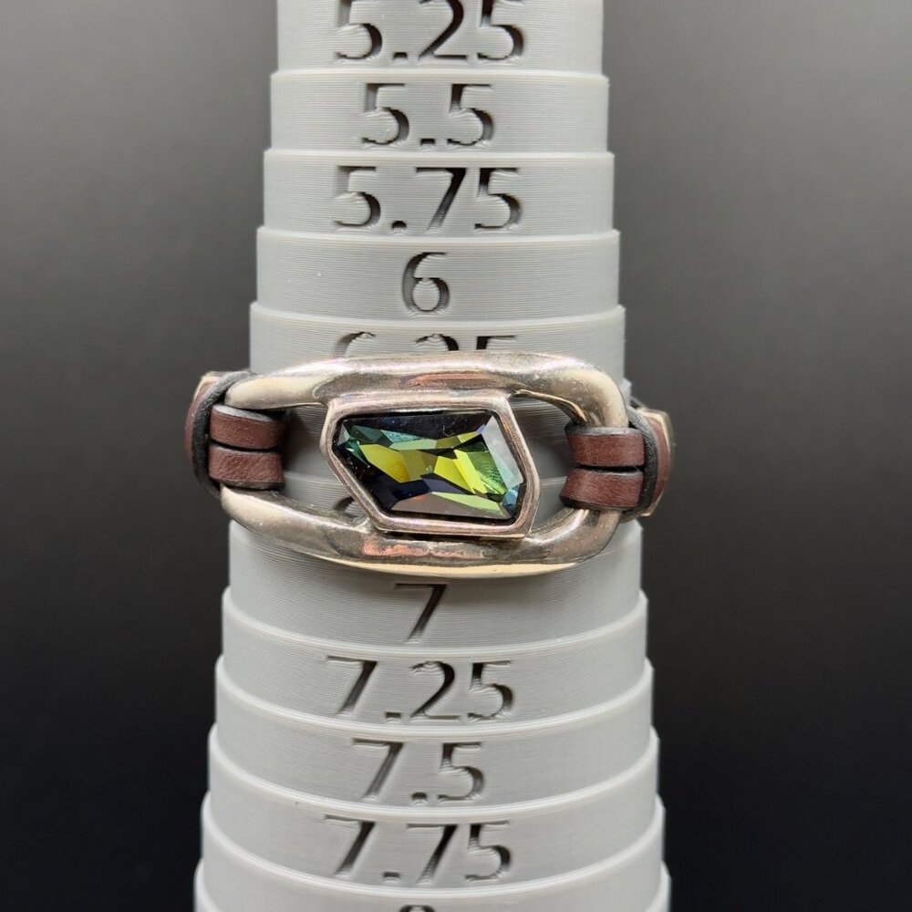 Handcrafted Leather Bracelet Silver Tone Metal Iridescent Glass Stone Magnetic - Picture 5 of 13